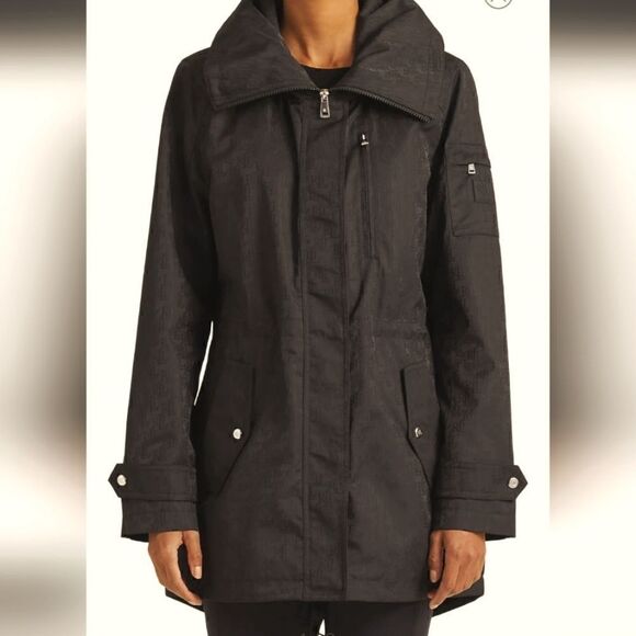 Lauren Ralph Lauren Monogram Hooded Raincoat Windbreaker Coat Jacket Slate Grey - Picture 1 of 15